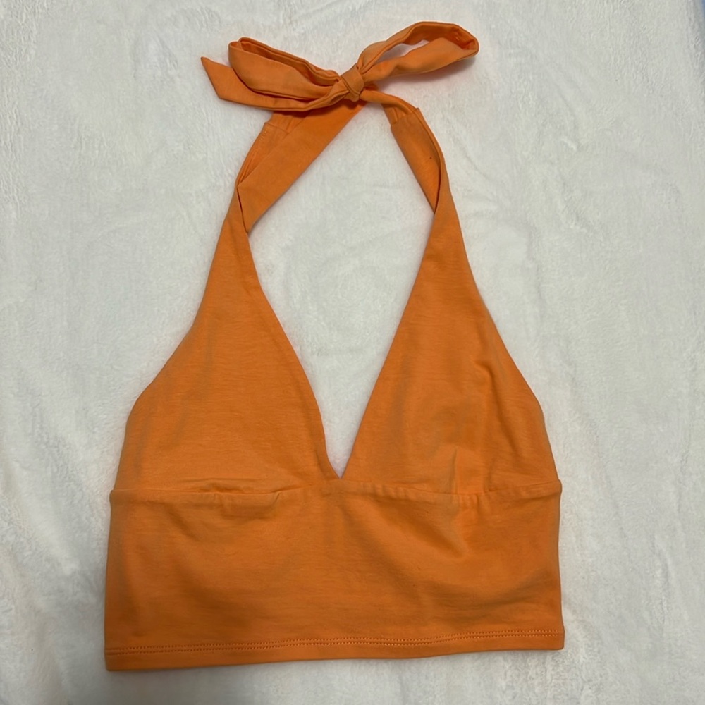 Cropped halter top with open back